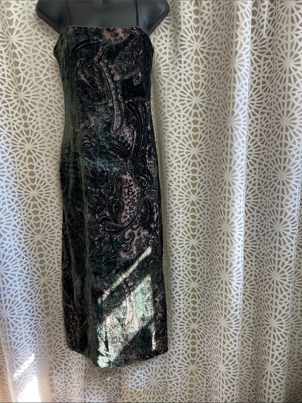 Vintage 90s Velvet Paisley Midi Slip Dress in Dark Green Size 2p
